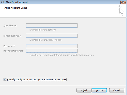 Manually configure the server settings Manually configure the server settings